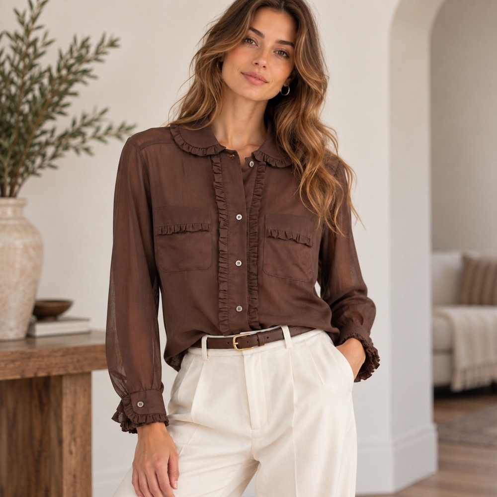 Vintage Permanent Press Ruffle Button Down Blouse Womens Size 14 Chocolate Brown